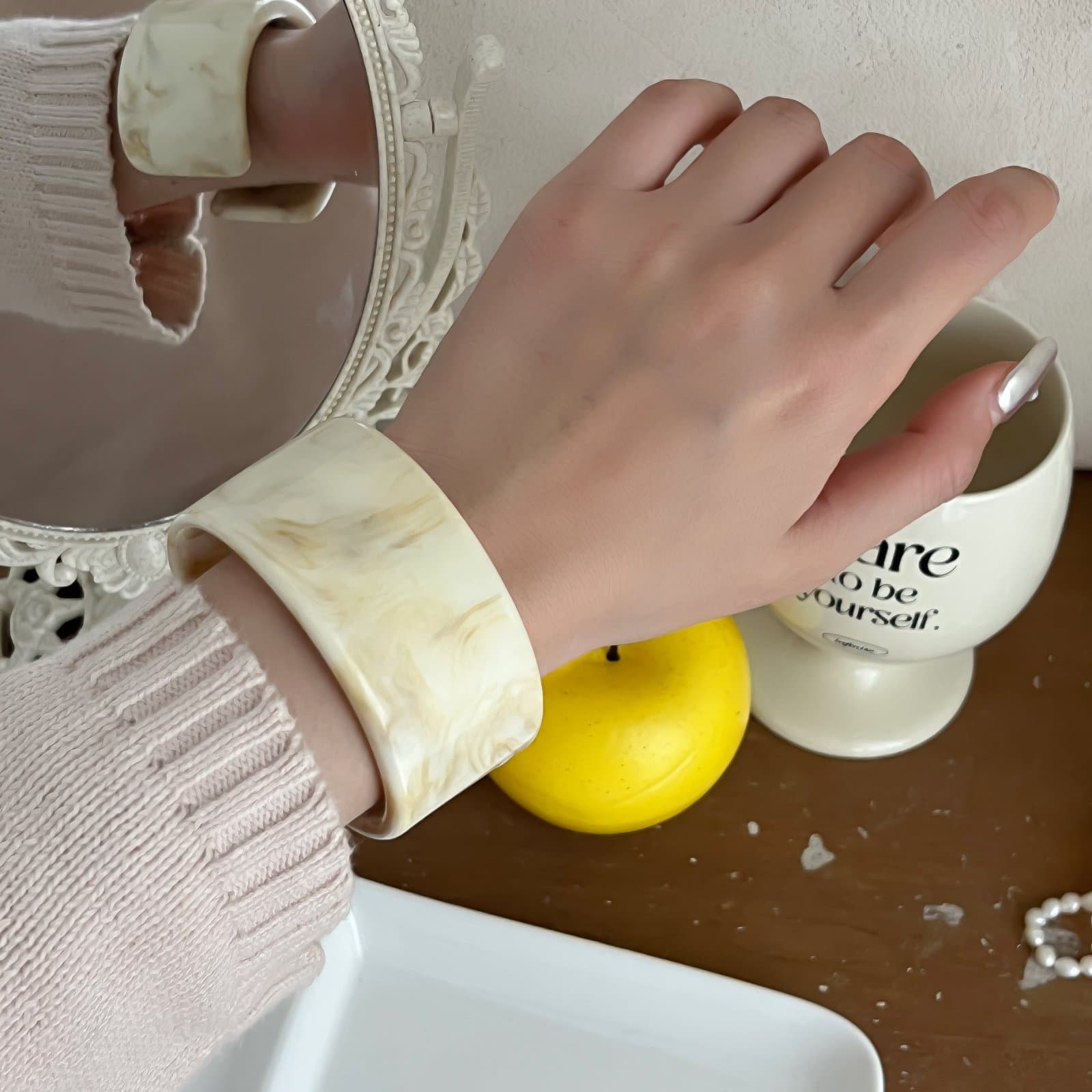 バングル 女性用大理石風バイカラー幅広バングル