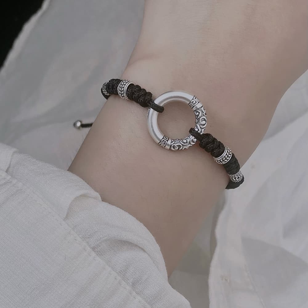 バングル 伝統彫刻模様 編み込み紐 バングル シルバー