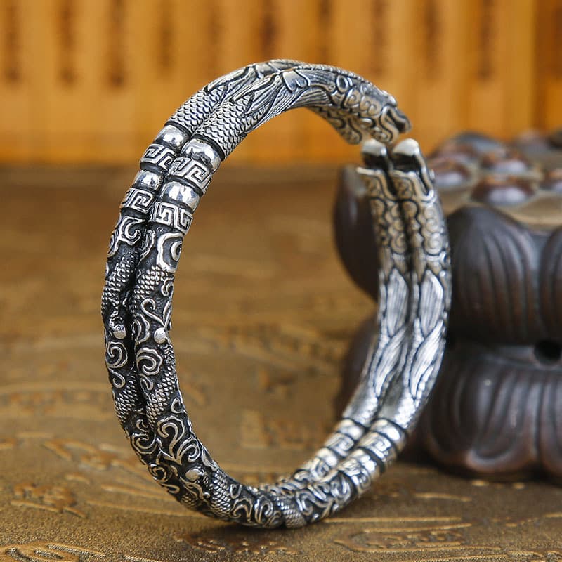 バングル 男性用龍紋様彫刻シルバーバングル開運